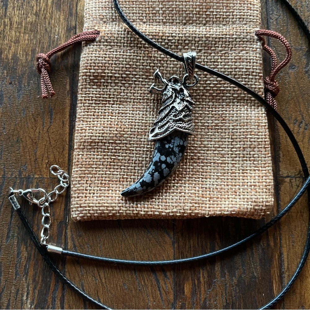 Wolf Tooth Pendant Mens Crystal Necklace Obsidian Necklace Gift for Boyfriend - Picture 1 of 3